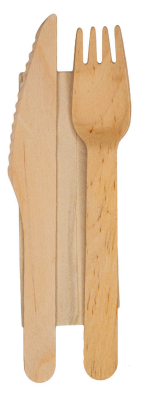 Besteck-Set aus Holz. Messer, Gabel und Serviette 
