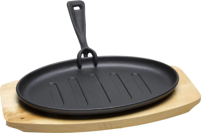 Hot Plate mit Holzunterteller, 3-teilig aus Gusseisen