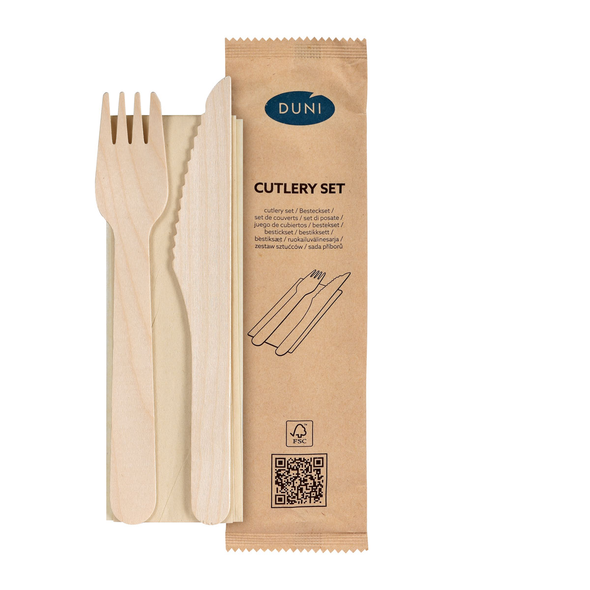 Holz- Besteckset, Messer+Gabel gewachst +Serviette nature