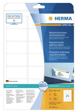 Etiketten A4 Herma 5074, 63.5x38.1mm, ablösbar, weiss