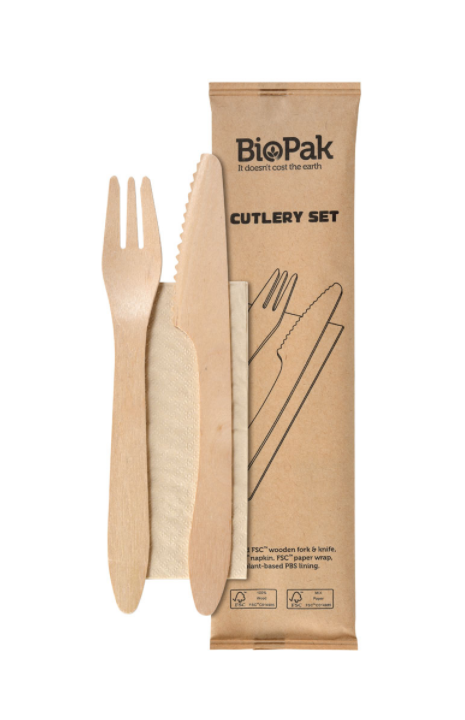 Holz- Besteckset gross, Messer+Gabel gewachst +Serviette nature