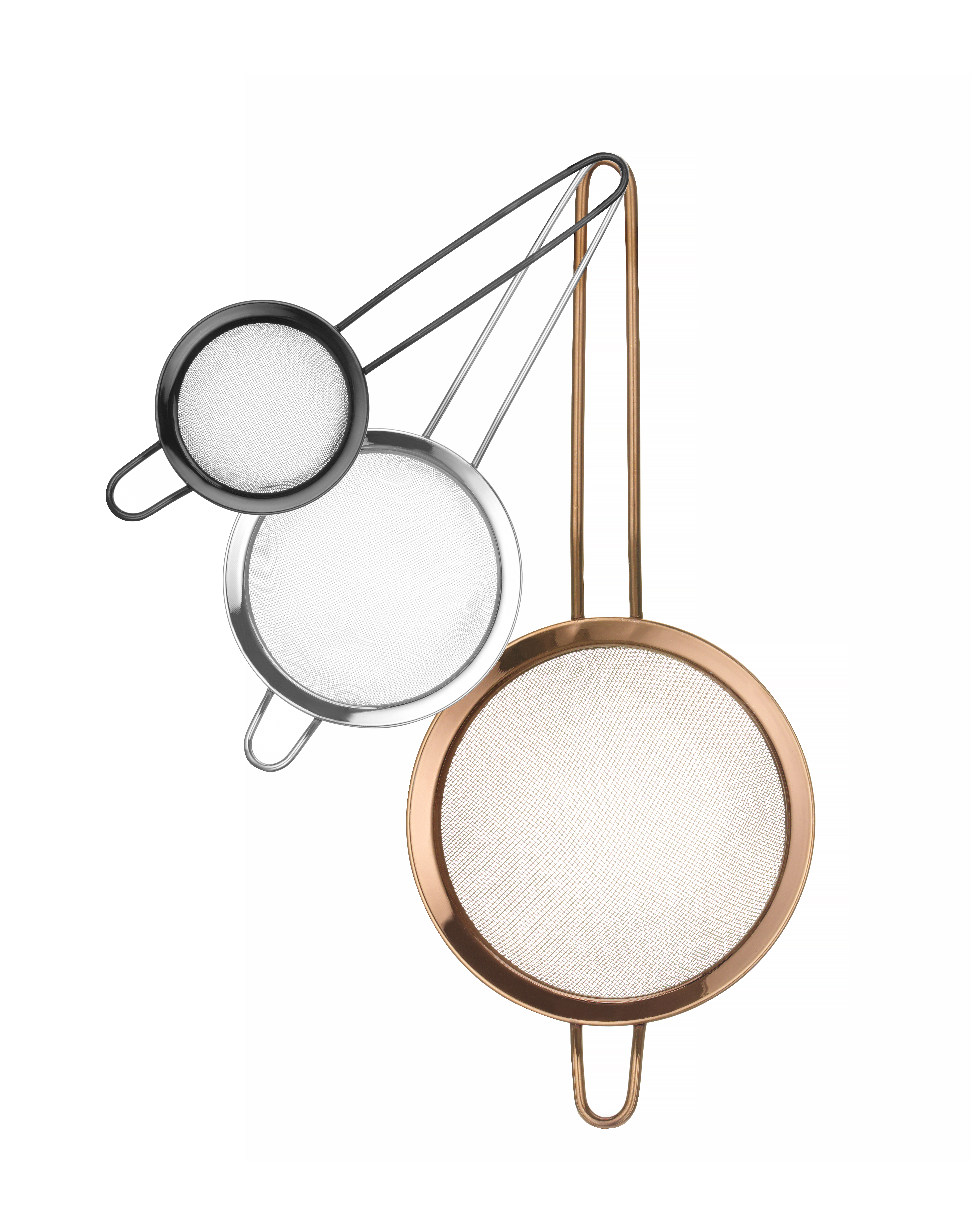 Set aus schwarzem, silbernen, kupferfarbenen Sieb