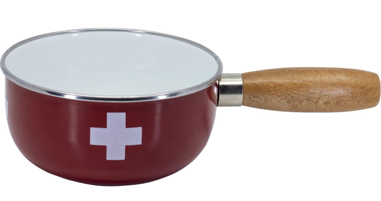 Emaillecaquelon «Swiss Cross» mit Holzgriff, ø16cm rot/weiss