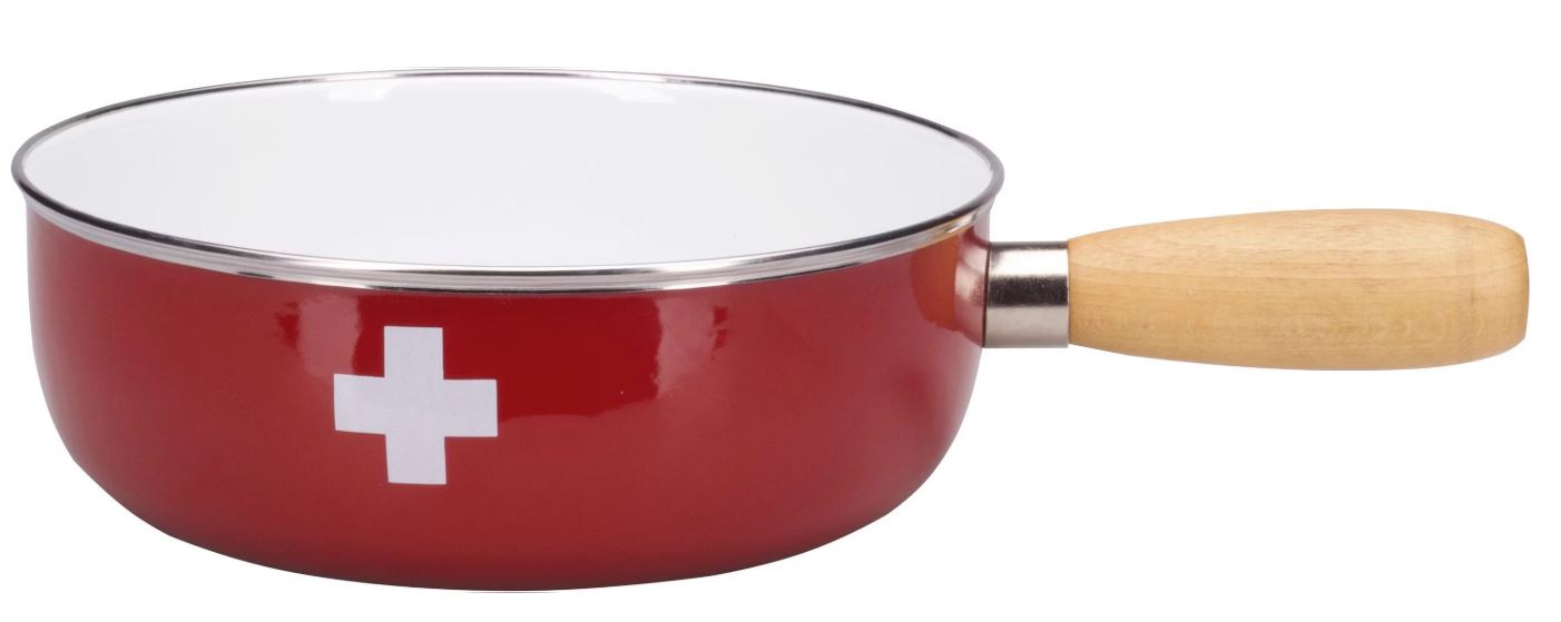 Emaillecaquelon «Swiss Cross» mit Holzgriff, ø23cm rot/weiss